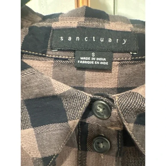 Sanctuary Womens Brown Black Plaid Button Down Shirt western tunic Size S boho - Picture 7 of 8